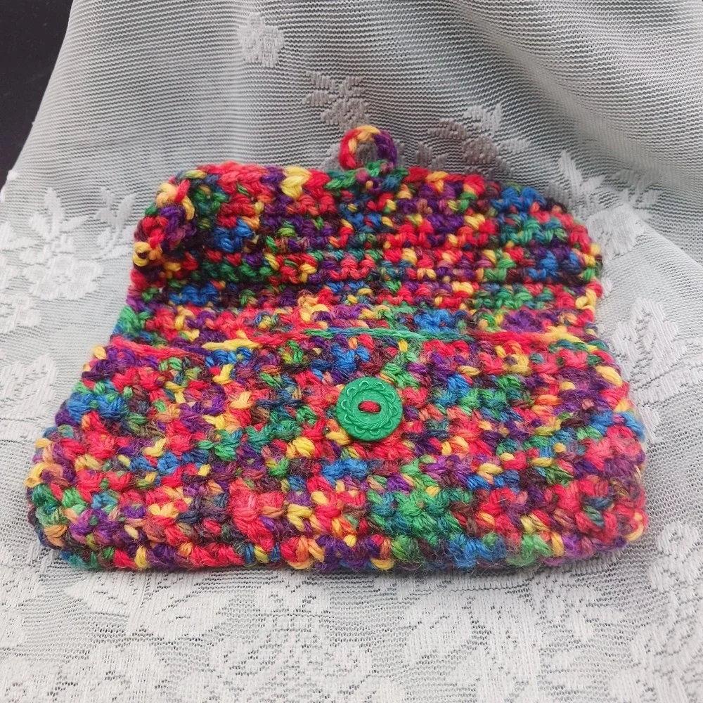 Handknit Crocheted RAINBOW Small organizer make up Bag Boho Hippie Cute Vintage